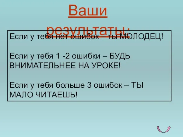 Ваши результаты: Если у тебя нет ошибок – ты МОЛОДЕЦ!