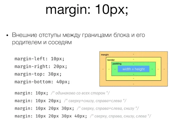 margin: 10px; Внешние отступы между границами блока и его родителем и соседям