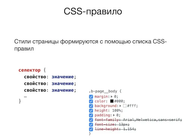 CSS-правило Стили страницы формируются с помощью списка CSS-правил