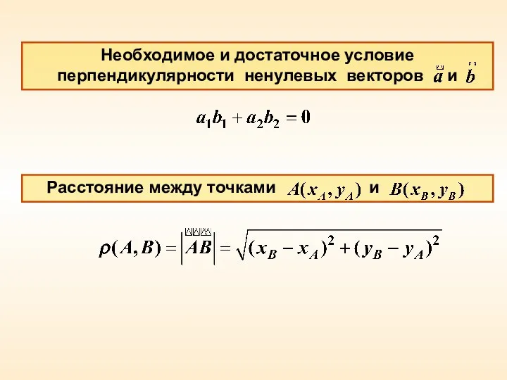 Необходимое и достаточное условие перпендикулярности ненулевых векторов и Расстояние между точками и