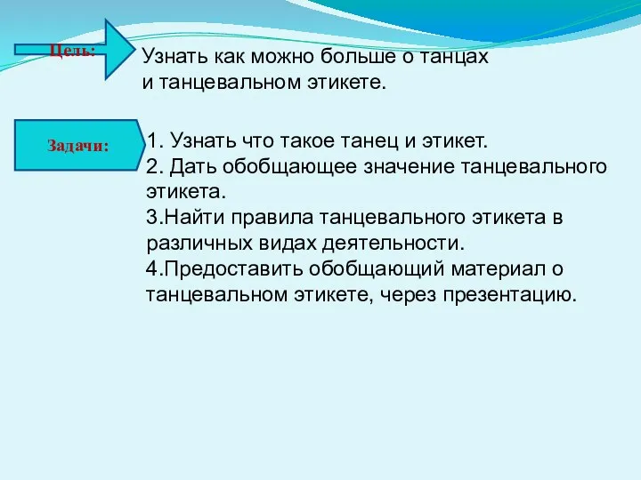 Цель: Узнать как можно больше о танцах и танцевальном этикете.