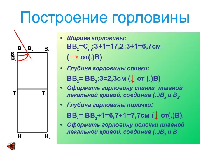 Построение горловины Ширина горловины: ВВ2=Сш:3+1=17,2:3+1=6,7см (→ от(.)В) Глубина горловины спинки: