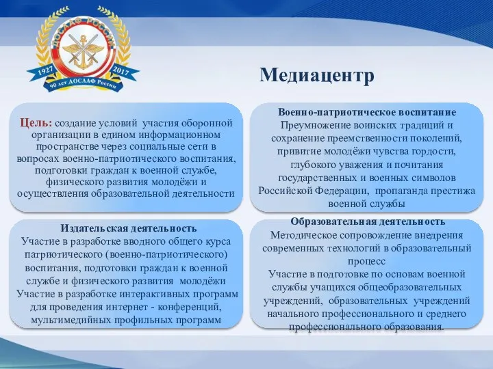 Медиацентр Цель: создание условий участия оборонной организации в едином информационном