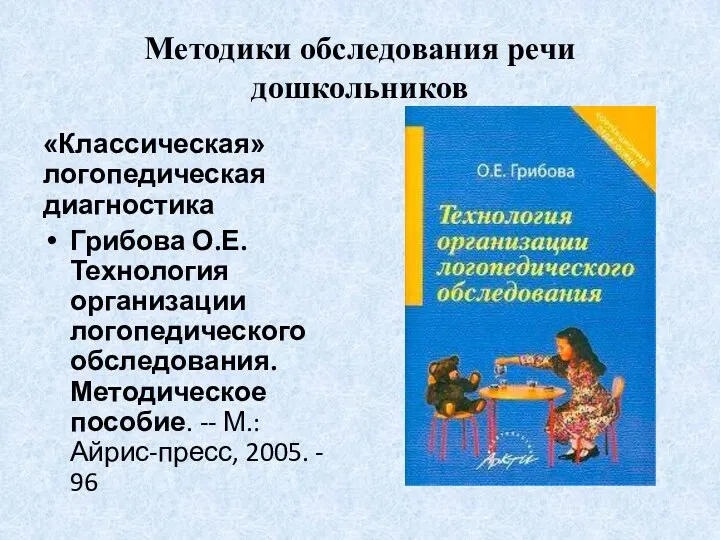 Методики обследования речи дошкольников «Классическая» логопедическая диагностика Грибова О.Е. Технология