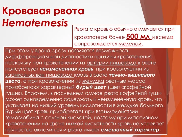 Кровавая рвота Hematemesis При этом у врача сразу появляется возможность