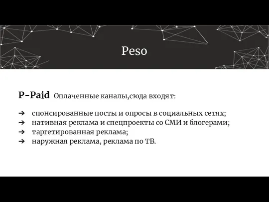 Peso P-Paid Оплаченные каналы,сюда входят: спонсированные посты и опросы в социальных сетях; нативная