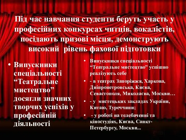 Під час навчання студенти беруть участь у професійних конкурсах читців,