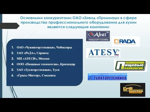 Основными конкурентами ОАО «Завод «Проммаш» в сфере производства профессионального оборудования