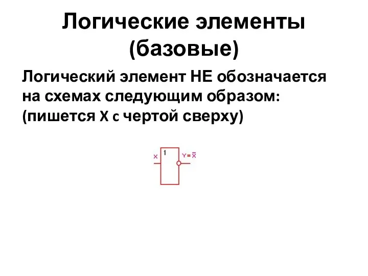 Логические элементы (базовые) Логический элемент НЕ обозначается на схемах следующим образом: (пишется X c чертой сверху)