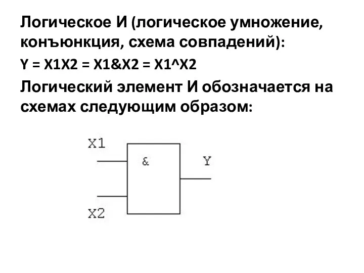 Логическое И (логическое умножение, конъюнкция, схема совпадений): Y = X1X2