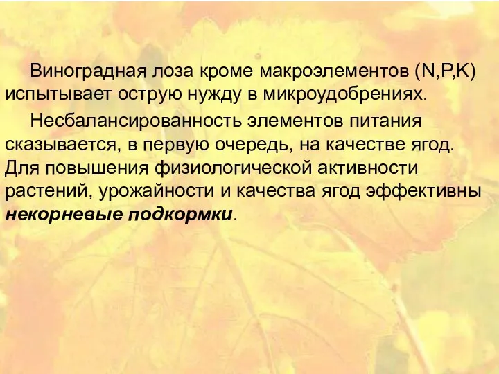 Виноградная лоза кроме макроэлементов (N,P,K) испытывает острую нужду в микроудобрениях.