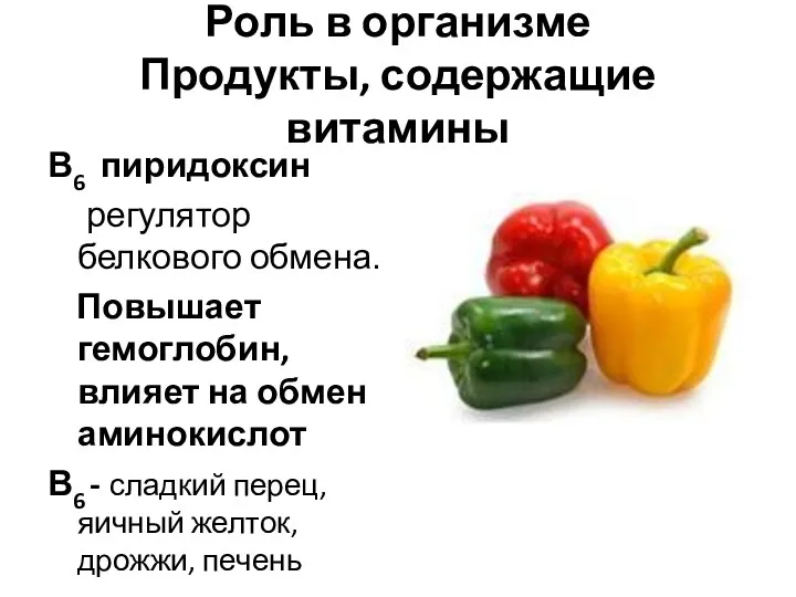 Роль в организме Продукты, содержащие витамины В6 пиридоксин регулятор белкового