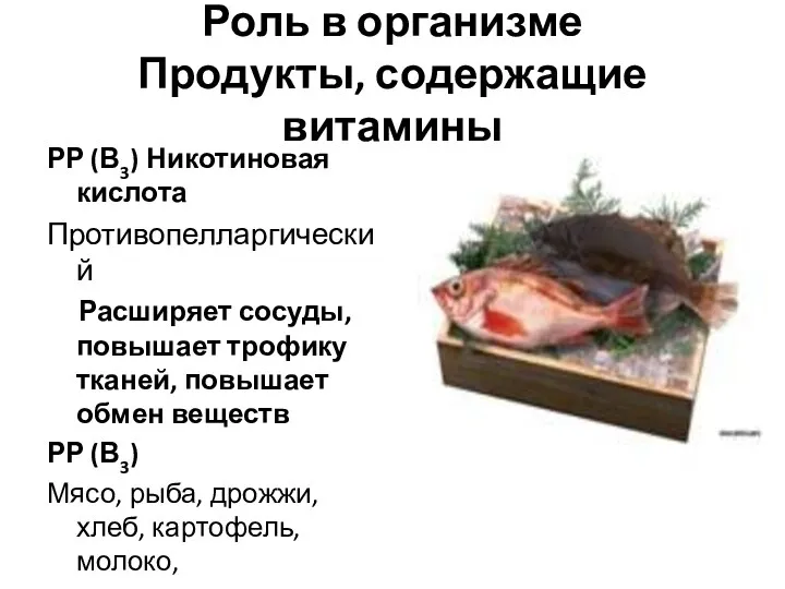 Роль в организме Продукты, содержащие витамины РР (В3) Никотиновая кислота