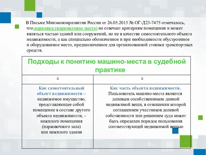 В Письме Минэкономразвития России от 26.05.2015 № ОГ-Д23-7475 отмечалось, что парковка (парковочное место)