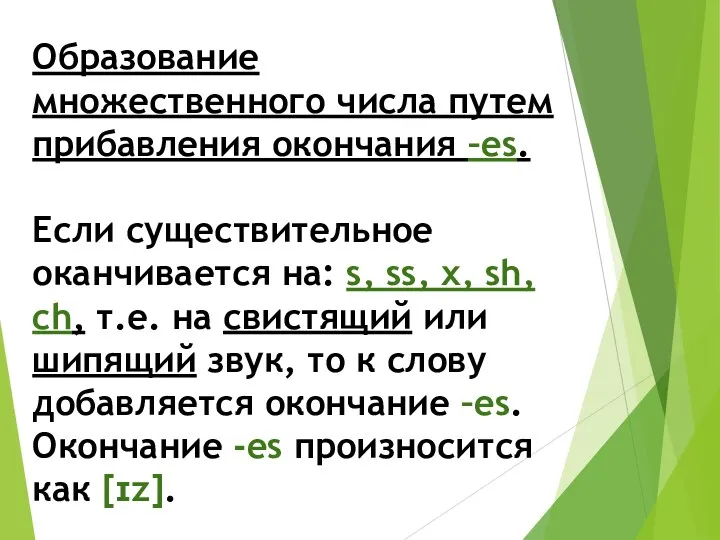 Образование множественного числа путем прибавления окончания –es. Если существительное оканчивается