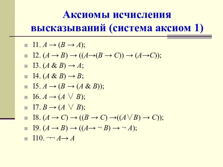 Аксиомы исчисления высказываний (система аксиом 1) I1. A → (B