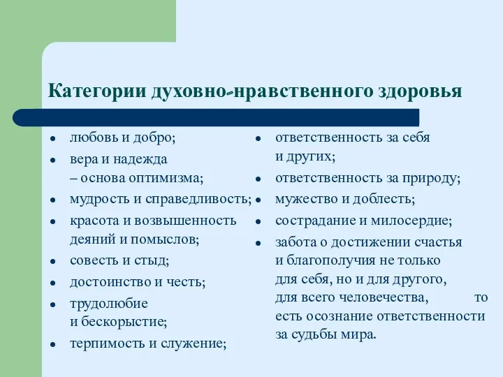 Категории духовно-нравственного здоровья любовь и добро; вера и надежда –