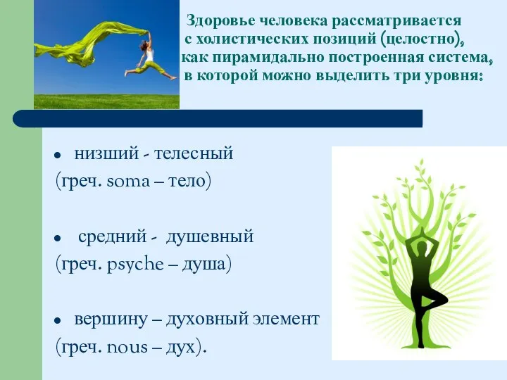 Здоровье человека рассматривается с холистических позиций (целостно), как пирамидально построенная