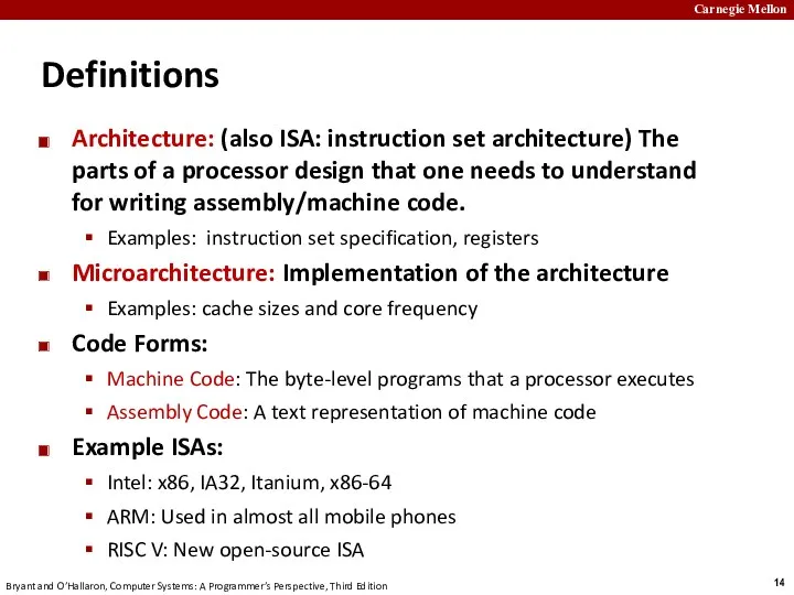Definitions Architecture: (also ISA: instruction set architecture) The parts of