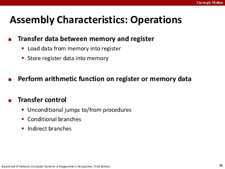 Assembly Characteristics: Operations Transfer data between memory and register Load