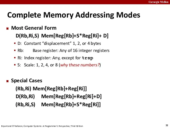 Complete Memory Addressing Modes Most General Form D(Rb,Ri,S) Mem[Reg[Rb]+S*Reg[Ri]+ D]