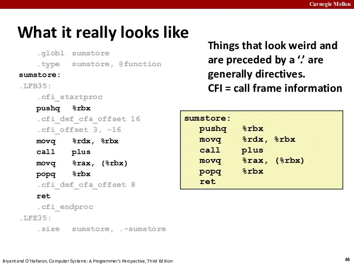 What it really looks like .globl sumstore .type sumstore, @function