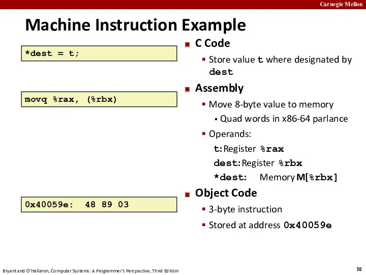 Machine Instruction Example C Code Store value t where designated
