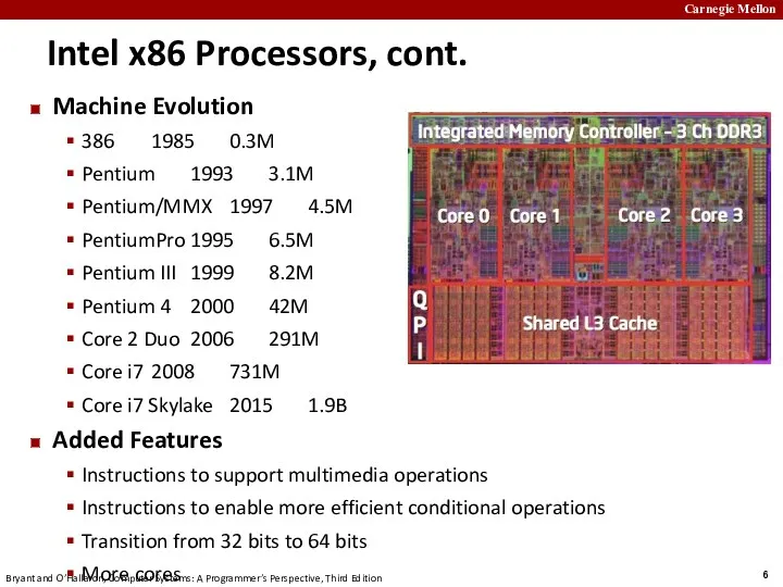 Intel x86 Processors, cont. Machine Evolution 386 1985 0.3M Pentium
