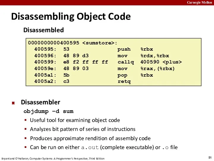 Disassembled Disassembling Object Code Disassembler objdump –d sum Useful tool