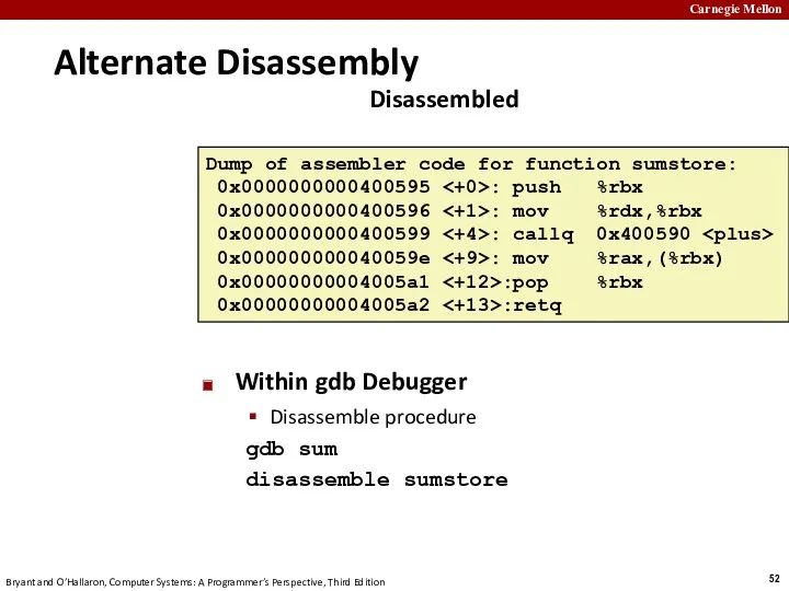 Alternate Disassembly Within gdb Debugger Disassemble procedure gdb sum disassemble sumstore