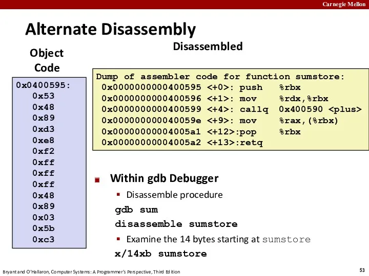 Alternate Disassembly Within gdb Debugger Disassemble procedure gdb sum disassemble