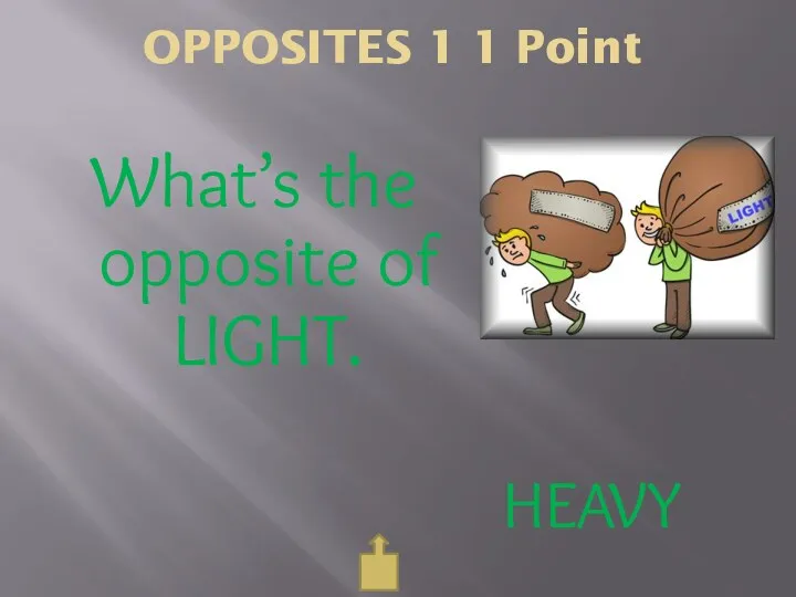 OPPOSITES 1 1 Point What’s the opposite of LIGHT. HEAVY