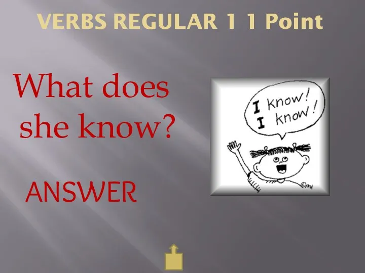 VERBS REGULAR 1 1 Point What does she know? ANSWER