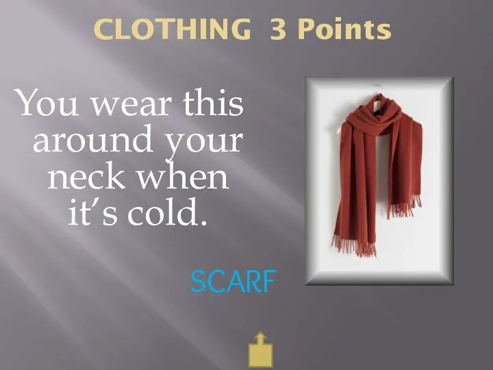 CLOTHING 3 Points SCARF You wear this around your neck when it’s cold.
