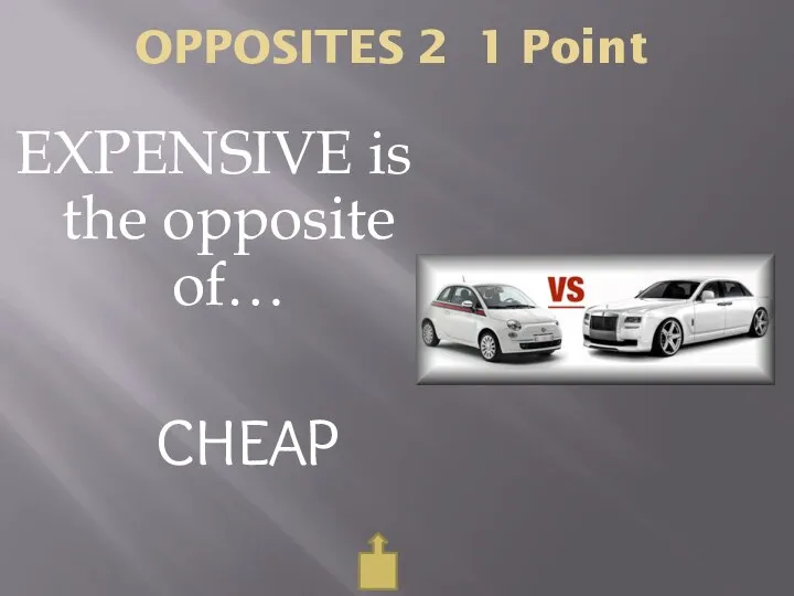 OPPOSITES 2 1 Point EXPENSIVE is the opposite of… CHEAP