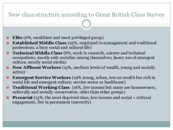 New class structure according to Great British Class Survey Elite