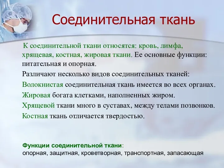 Соединительная ткань К соединительной ткани относятся: кровь, лимфа, хрящевая, костная,