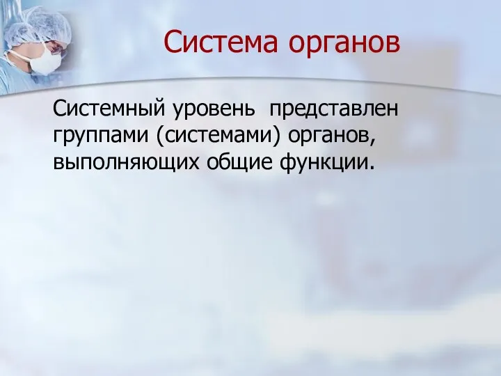 Системный уровень представлен группами (системами) органов, выполняющих общие функции. Система органов