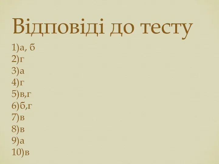 Відповіді до тесту 1)а, б 2)г 3)а 4)г 5)в,г 6)б,г 7)в 8)в 9)а 10)в