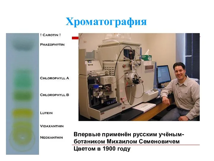 Хроматография Впервые применён русским учёным-ботаником Михаилом Семеновичем Цветом в 1900 году