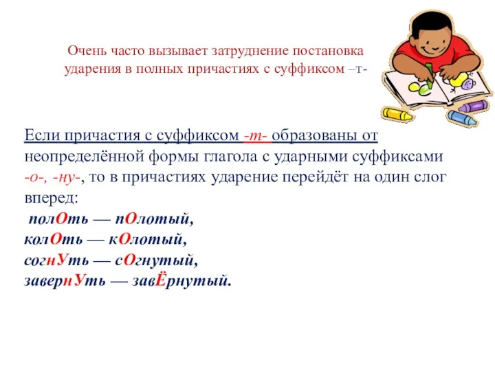 Очень часто вызывает затруднение постановка ударения в полных причастиях с