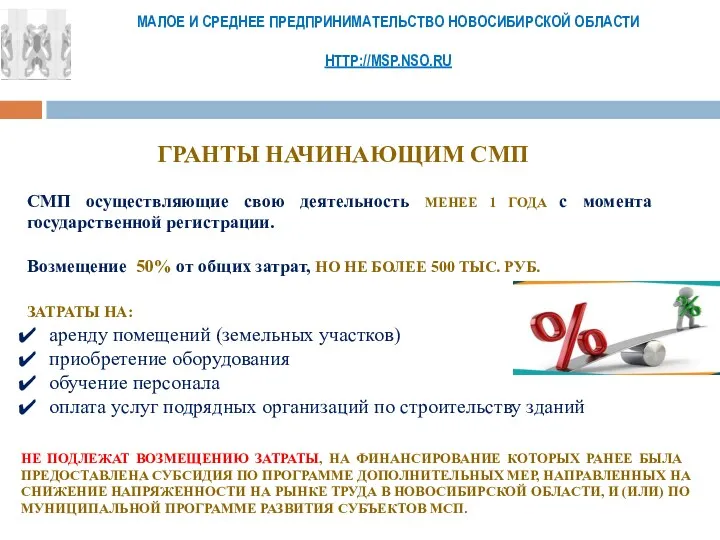 МАЛОЕ И СРЕДНЕЕ ПРЕДПРИНИМАТЕЛЬСТВО НОВОСИБИРСКОЙ ОБЛАСТИ HTTP://MSP.NSO.RU ГРАНТЫ НАЧИНАЮЩИМ СМП