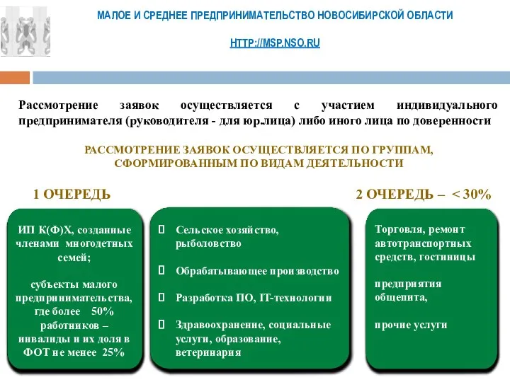 МАЛОЕ И СРЕДНЕЕ ПРЕДПРИНИМАТЕЛЬСТВО НОВОСИБИРСКОЙ ОБЛАСТИ HTTP://MSP.NSO.RU Рассмотрение заявок осуществляется