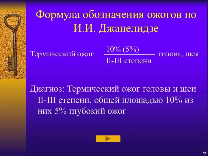 Формула обозначения ожогов по И.И. Джанелидзе Термический ожог голова, шея Диагноз: Термический ожог