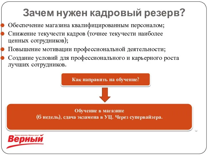 Зачем нужен кадровый резерв? Обеспечение магазина квалифицированным персоналом; Снижение текучести