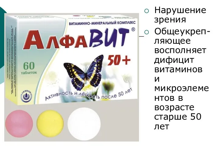 Нарушение зрения Общеукреп-ляющее восполняет дифицит витаминов и микроэлементов в возрасте старше 50 лет