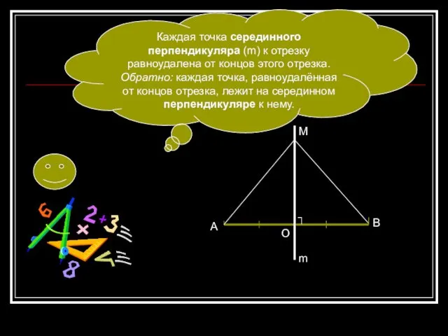 А М В m O Каждая точка серединного перпендикуляра (m)