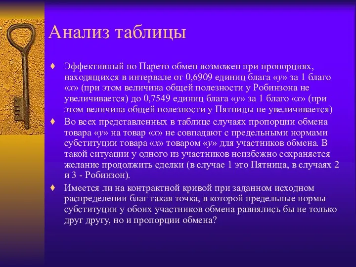 Анализ таблицы Эффективный по Парето обмен возможен при пропорциях, находящихся