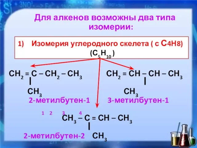 Для алкенов возможны два типа изомерии: 1-ый тип: структурная изомерия: