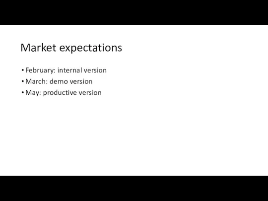 Market expectations February: internal version March: demo version May: productive version
